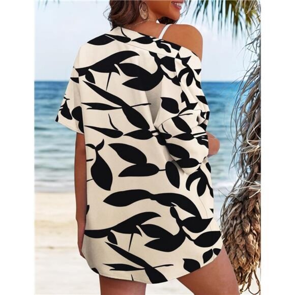 Women's 2 Piece Outfits Kimono Style Tropical Print Cover Ups Half Sleeve Blouse - Picture 4 of 6
